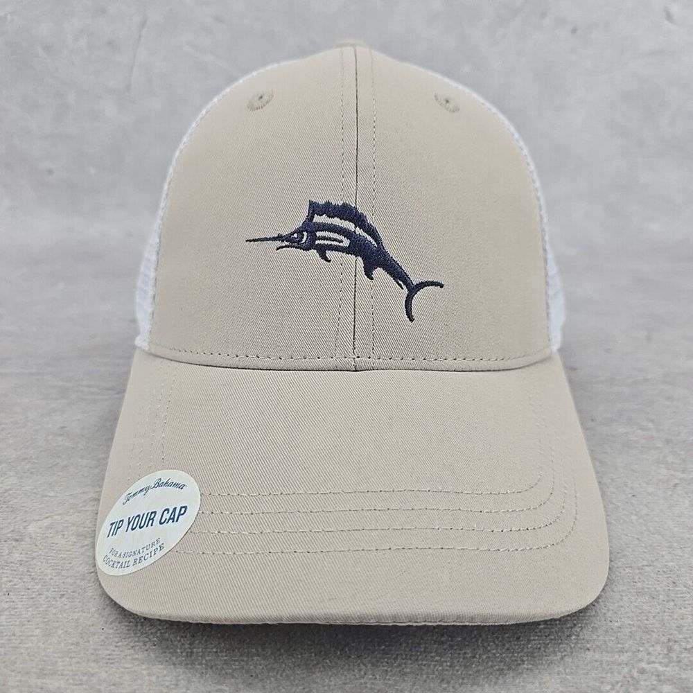 New Tommy Bahama Tip Your Cap Classic Logo Trucker Mesh Tan White Snapback Hat‎
